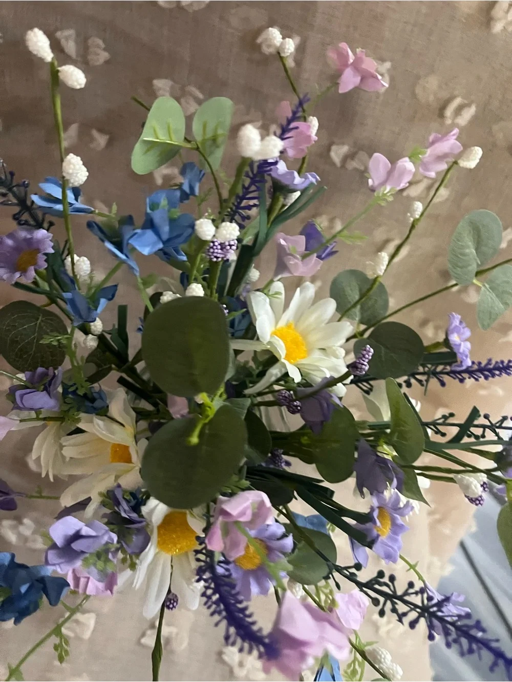Handcrafted Faux Floral Bouquet with White, Purple & Blue Accents